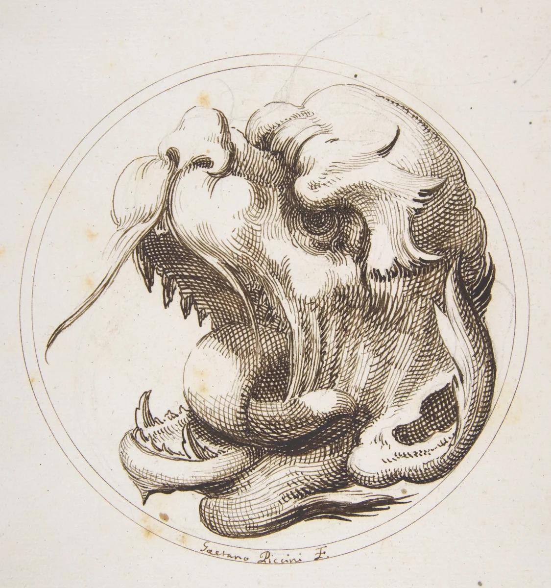 Large Grotesque Head With an Open Mouth Looking to the Left Within a Frame by Gaetano Piccini, drawing, 1727