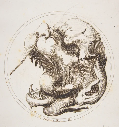 Large Grotesque Head With an Open Mouth Looking to the Left Within a Frame by Gaetano Piccini, drawing, 1727