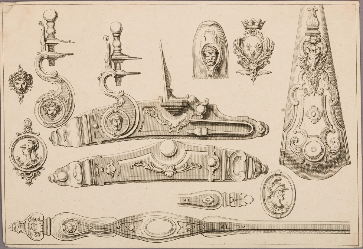 Design of a Flintlock, Side Plate, Butt Plate, and Trigger Guard, unnumbered plate from Nouveaux Desseins d'Arquebuserie Inventez et Gravez par Le Sr. Gillot by Claude Gillot, print, 1690-1740