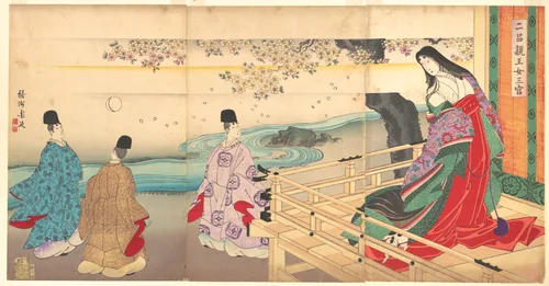 The Third Princess and Kashiwagi, from Chapter 34, “New Herbs I (Wakana I)” (Nihon shinnō onna sannomiya) by Yōshū Chikanobu (楊洲周延), print, 1890