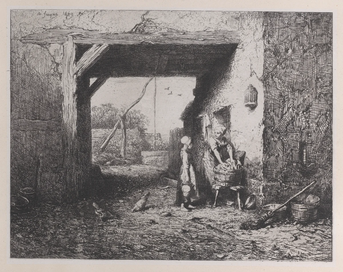 Courtyard by Charles Jacque, print, 1849