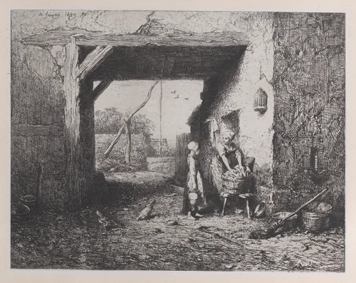 Courtyard by Charles Jacque, print, 1849