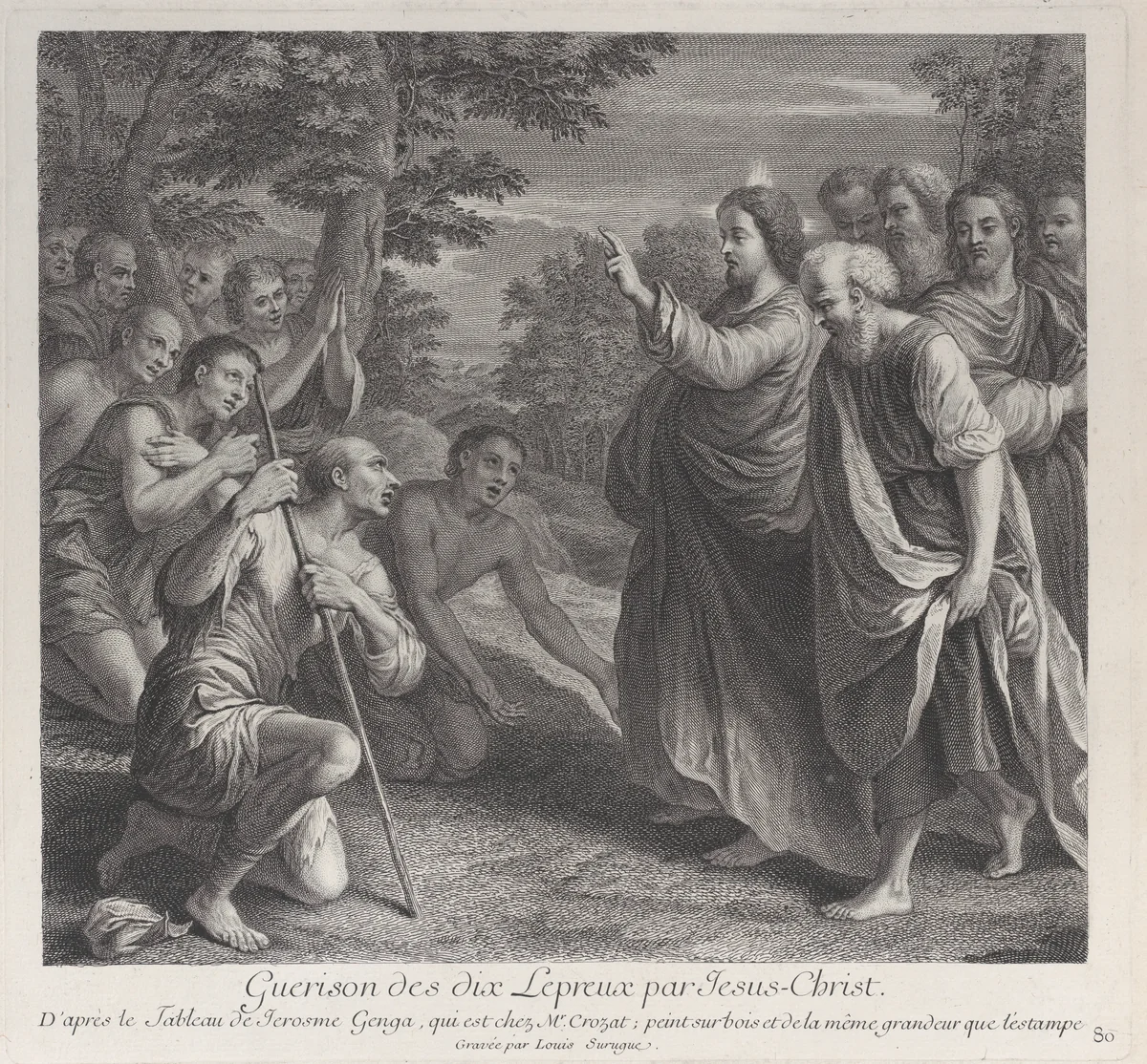 Healing of the ten lepers by Christ, who stands at right by Louis Surugue, print, 1724-1734
