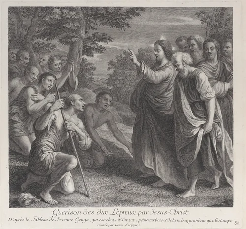 Healing of the ten lepers by Christ, who stands at right by Louis Surugue, print, 1724-1734