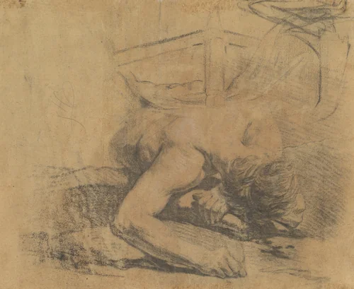 Man Reclining on the Ground and the Corner of a Bed [verso] by Jean-Baptiste Deshays, drawing, 1758-1765