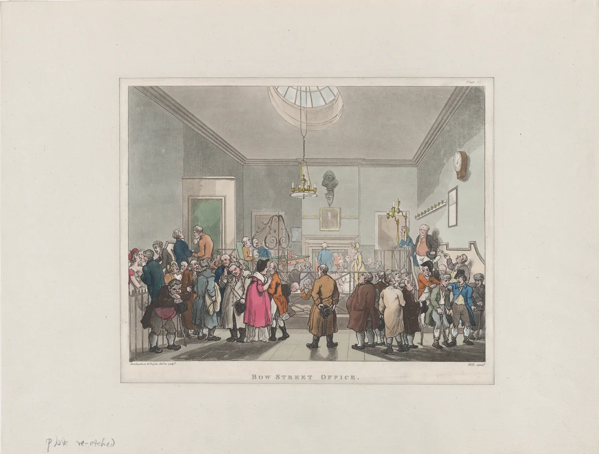 Bow Street Office by Thomas Rowlandson, print, 1808