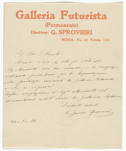 Galleria Futurista letterhead (Letter to Piecoli from G.Sprovieri) by Unidentified Designer, design, 1914