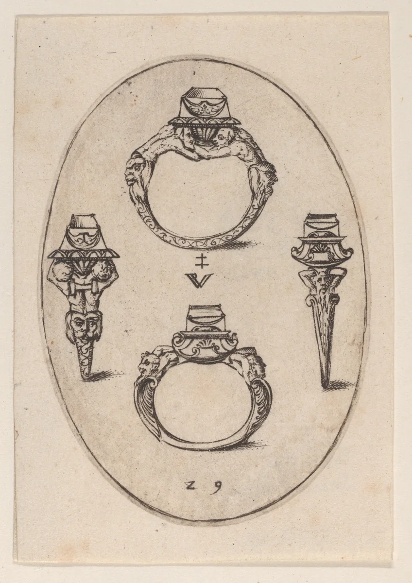 Designs for Four Rings, Plate 29 from 'Livre d'Aneaux d'Orfevrerie' by Pierre Woeiriot, print, 1561