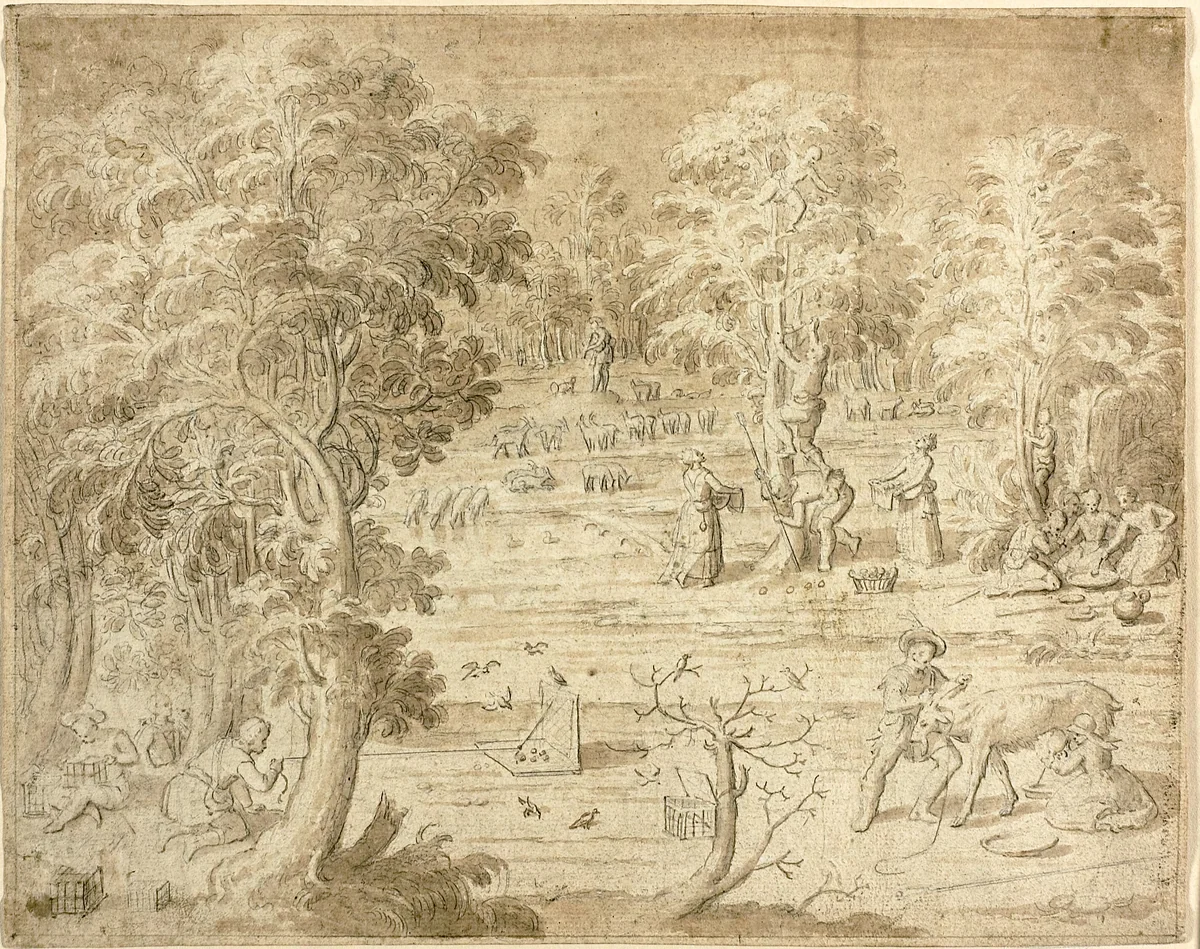 Youths and Maidens Engaged in Country Pursuits by Antoine Caron, drawing, 1530-1600