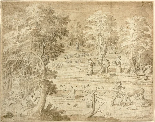Youths and Maidens Engaged in Country Pursuits by Antoine Caron, drawing, 1530-1600
