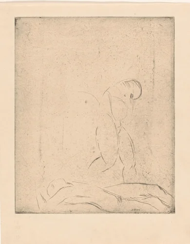 Liggende man en staande vrouw by Wilhelm Lehmbruck, print, 1891-1919