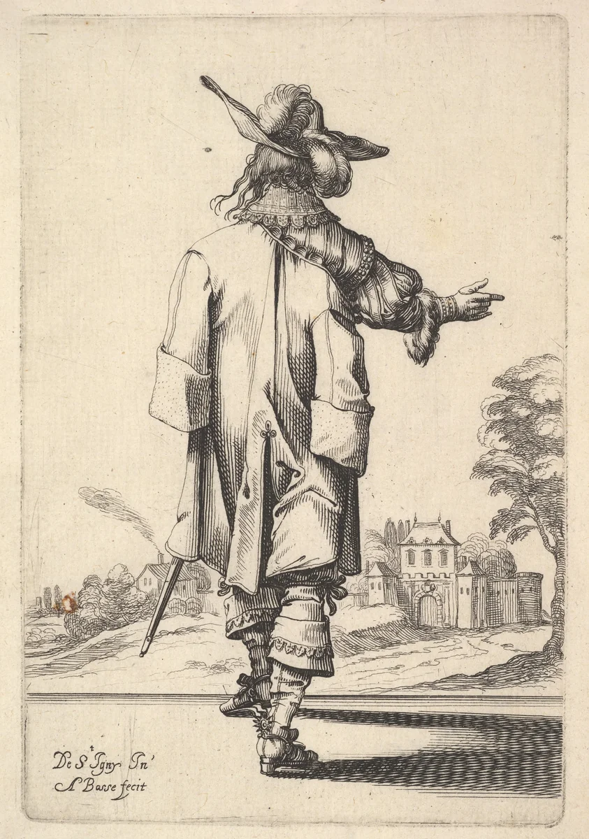 A gentleman, seen from behind, with his right arm outstretched and a cloak over his left shoulder, from "The Garden of the French Nobles In Which One Can Pick Up Their Way of Dressing" by Abraham Bosse, print, 1629