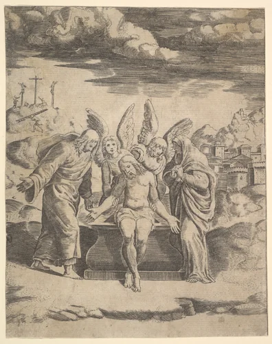 Christ seated on the tomb supported by angels by Master of the Die, print, 1530-1560