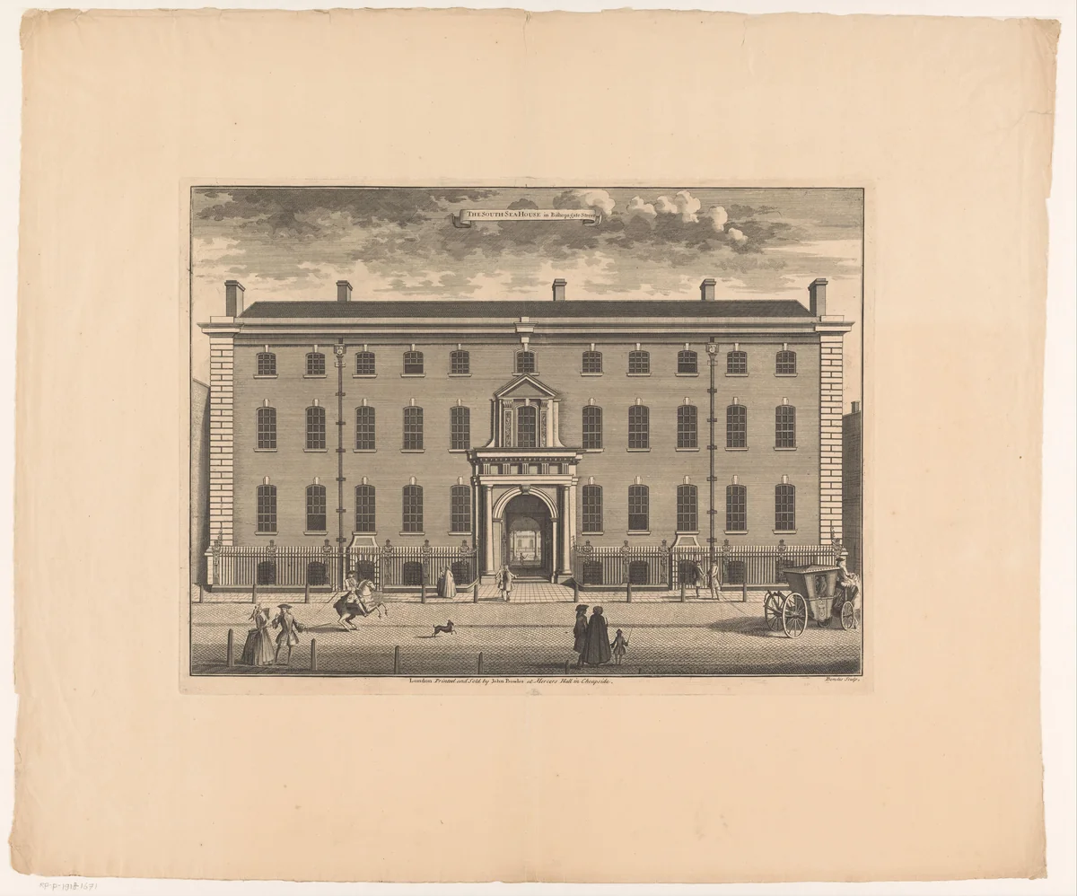 Hoofdkwartier van de South Sea Company in Londen by Unknown, print, 1725-1768