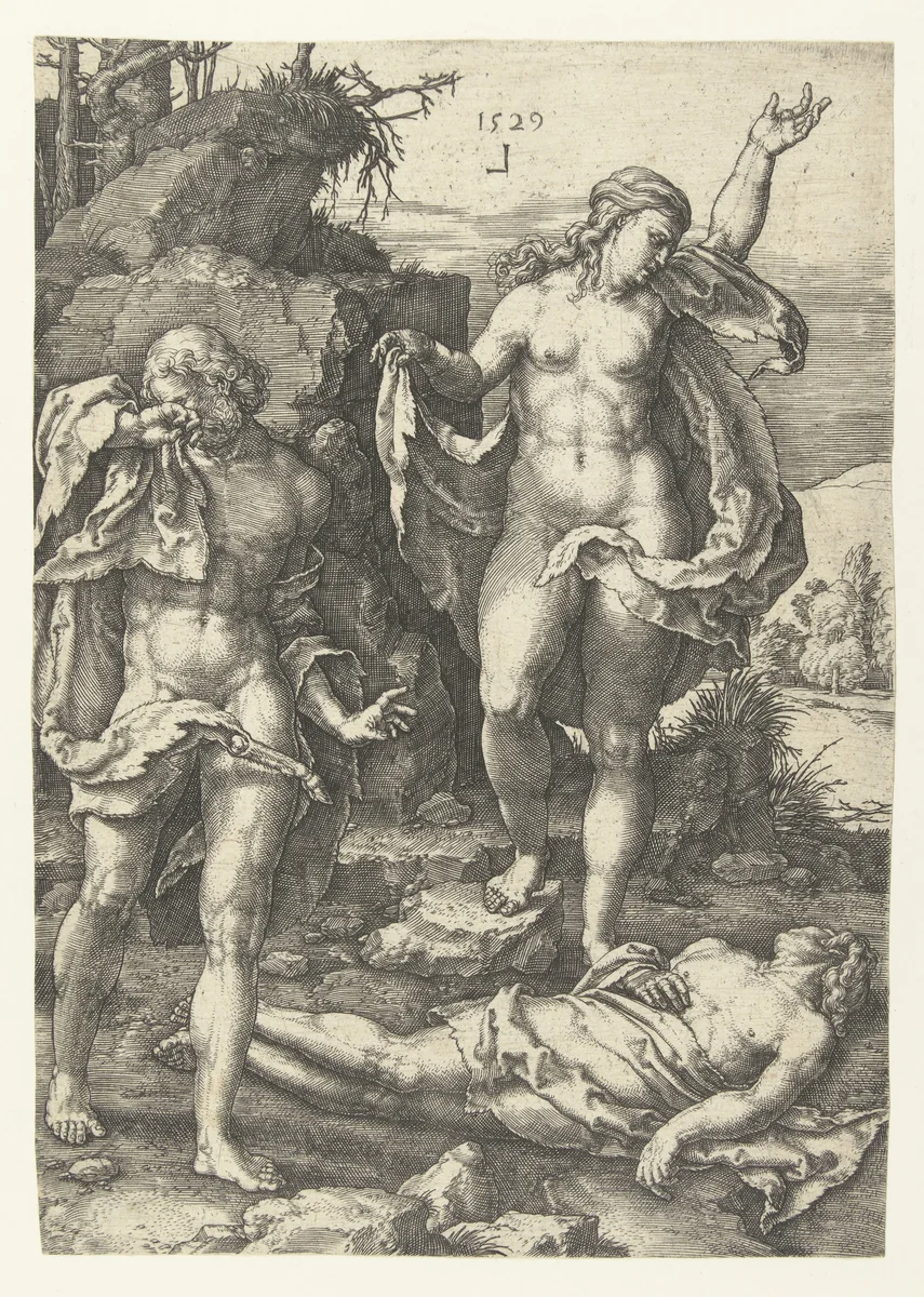 Adam en Eva treuren over de dode Abel by Lucas van Leyden, print, 1529