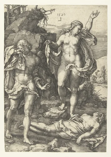 Adam en Eva treuren over de dode Abel by Lucas van Leyden, print, 1529