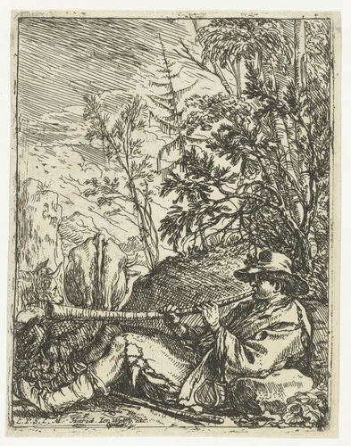 Rustende herder spelend op een hoorn by Jonas Umbach, print, 1634-1693