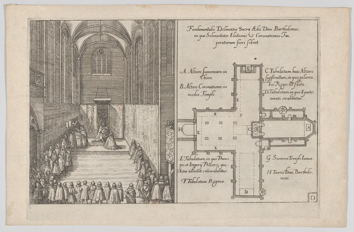Plate D: Election and Coronation of Emperor Maximilian II by anonymous, print, 1612
