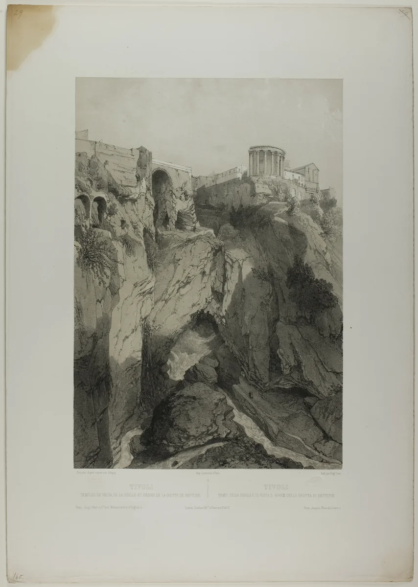 Tivoli: The Temples of Vesta and the Sibyl, and Ruins of the Grotto of Neptune, plate nineteen from Italie Monumentale et Pittoresque by Eugène Cicéri, print, 1843-1853