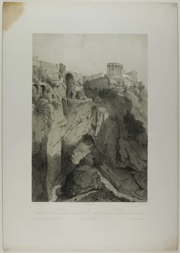 Tivoli: The Temples of Vesta and the Sibyl, and Ruins of the Grotto of Neptune, plate nineteen from Italie Monumentale et Pittoresque by Eugène Cicéri, print, 1843-1853
