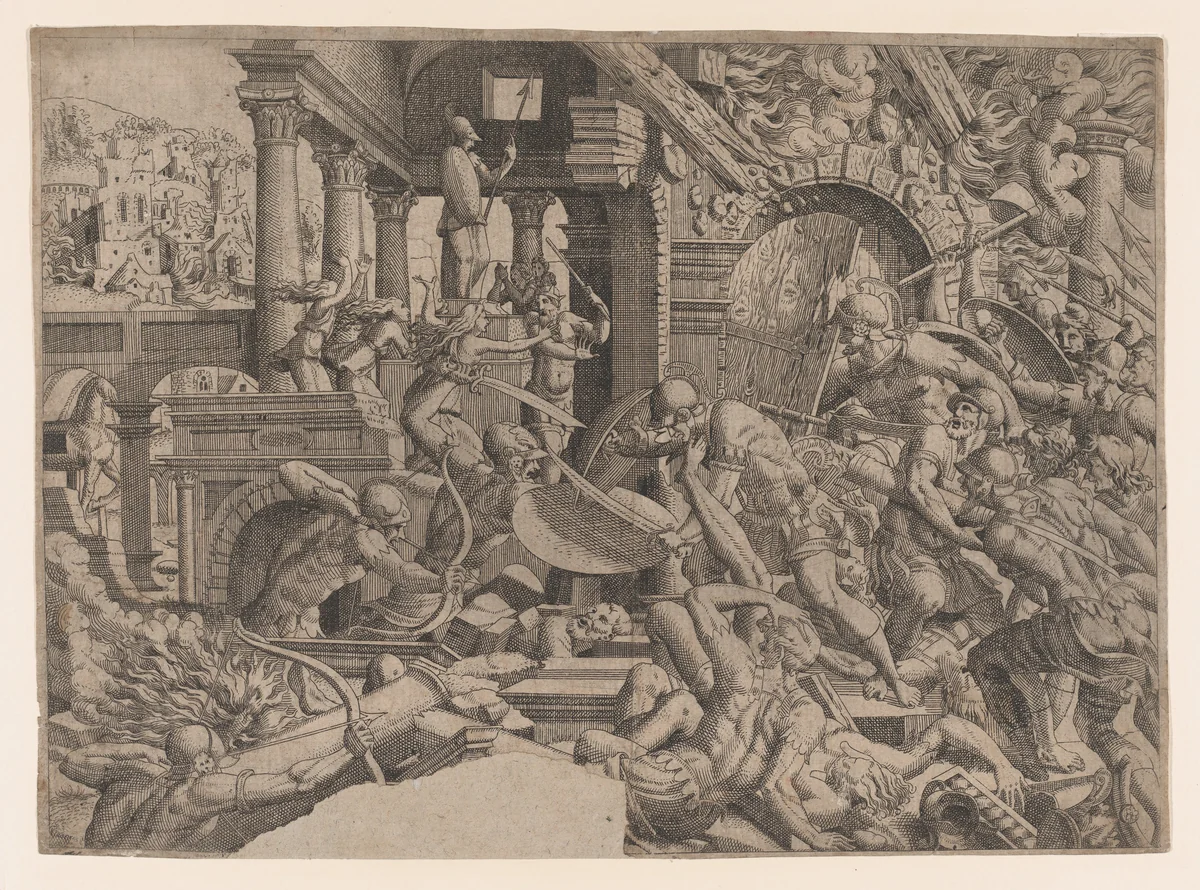 Battle in the Palace of Priam by Jean Mignon, print, 1535-1555