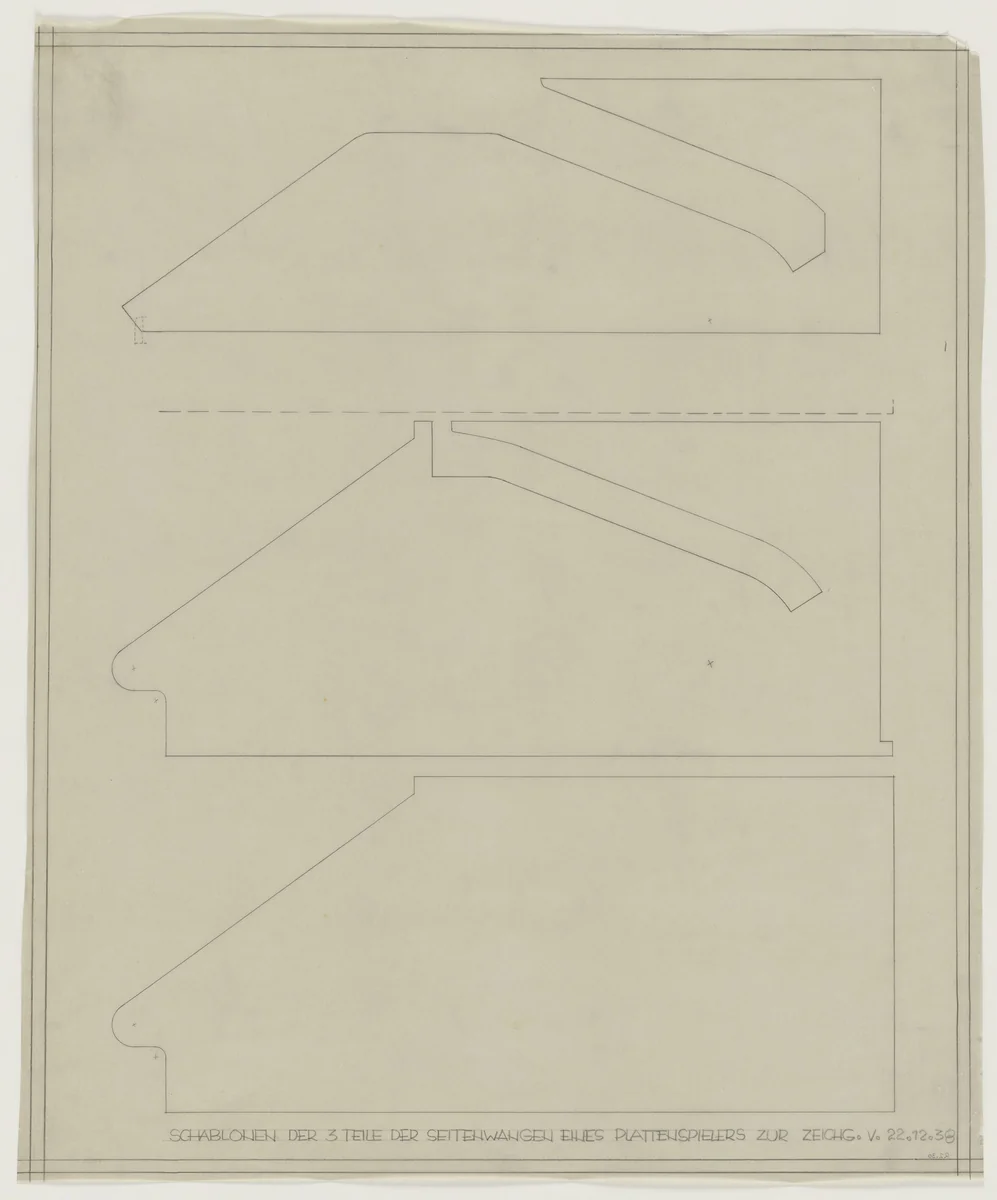 Design for Telefunken Record Player, Templates of the three parts of the sides of a record-player by Lilly Reich, mies van der rohe archive, 1938