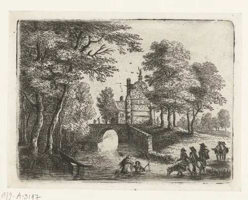 Landschap met een rivier, een brug en ruiters by Lucas van Uden, print, 1605-1673