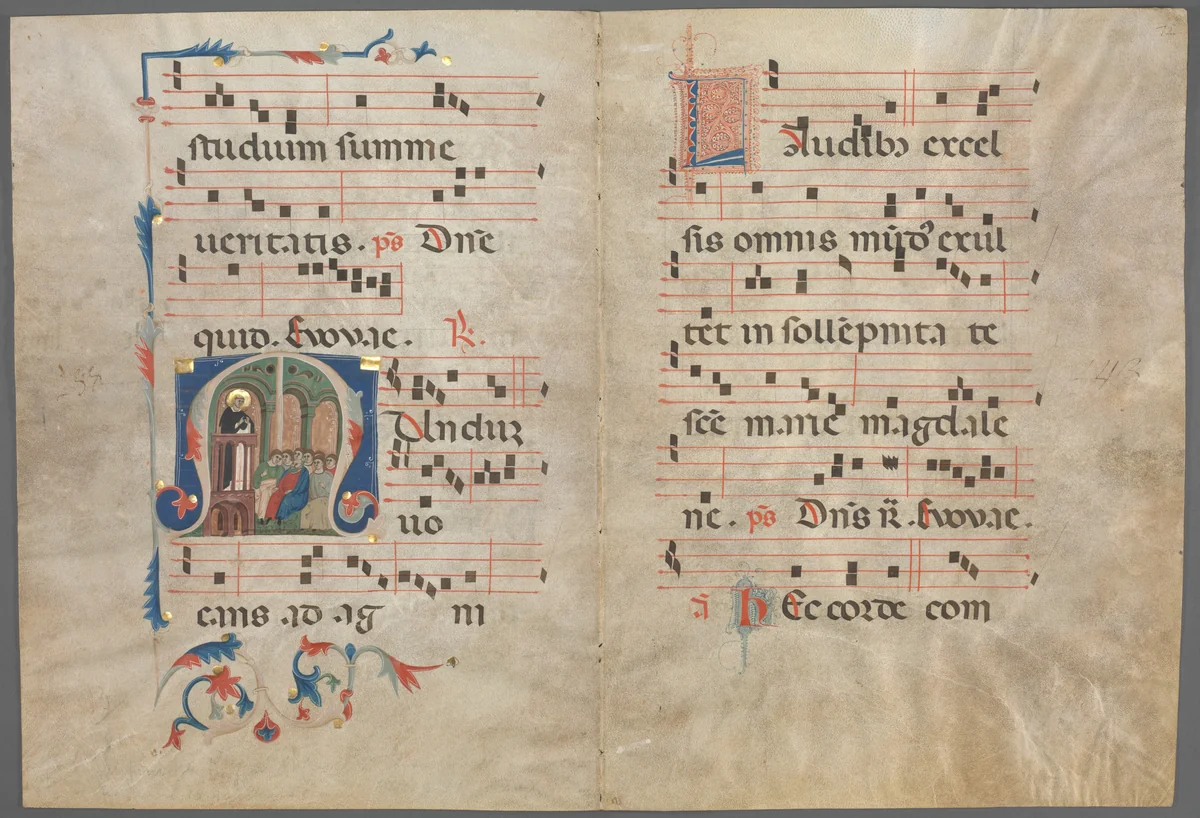 Bifolium from an Antiphonary: Initial M with Saint Dominic Preaching and Music by Primo Miniatore di San Domenico, manuscript, 1320-1340