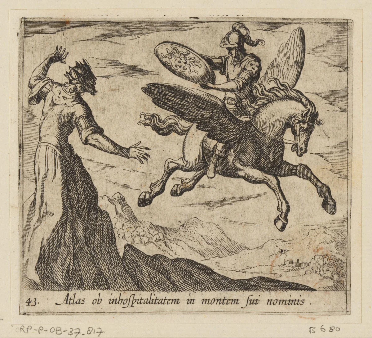 Atlas in een berg veranderd by Antonio Tempesta, print, 1606