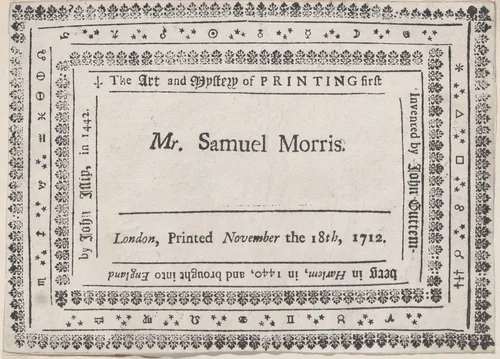 Trade Card for Mr. Samuel Morris by anonymous, print, 1700-1800