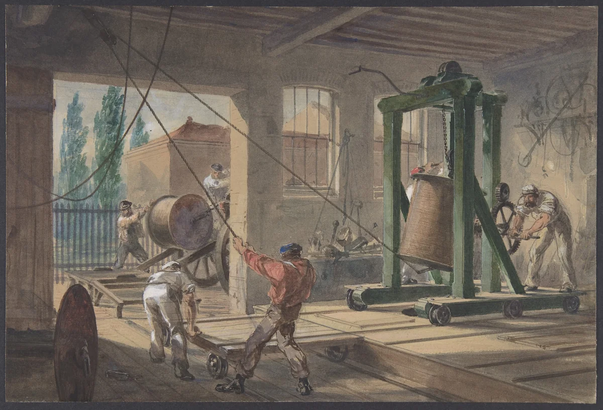 The Reels of Gutta-percha Covered Conducting Wire Conveyed into Tanks at the Works of the Telegraph Construction and Maintenance Company, at Greenwich by Robert Charles Dudley, drawing, 1865-1866