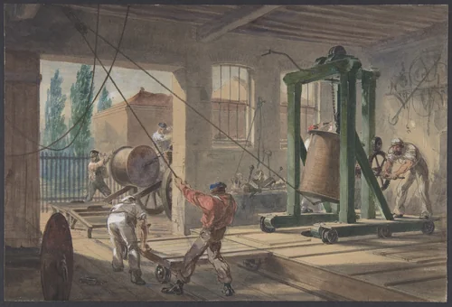 The Reels of Gutta-percha Covered Conducting Wire Conveyed into Tanks at the Works of the Telegraph Construction and Maintenance Company, at Greenwich by Robert Charles Dudley, drawing, 1865-1866