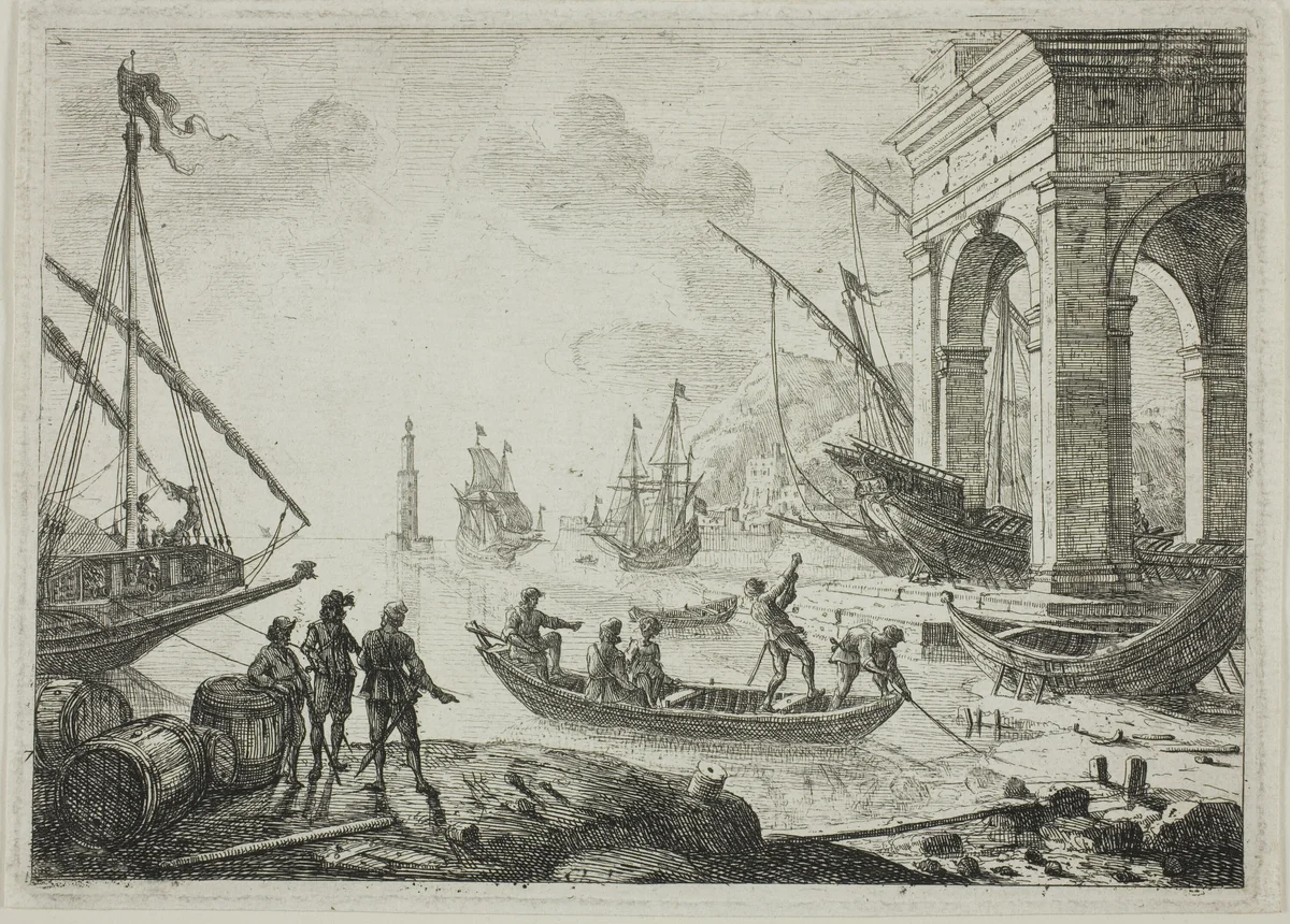 Harbor Scene with a Lighthouse by Claude Lorrain, print, 1638-1641