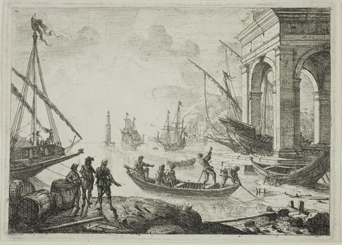 Harbor Scene with a Lighthouse by Claude Lorrain, print, 1638-1641