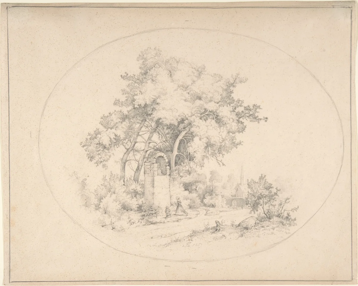 Mother and Child Praying at a Roadside Shrine by Eduard Jakob von Steinle, drawing, 1859