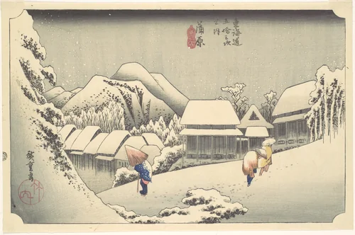 Evening Snow at Kanbara, from the series "Fifty-three Stations of the Tōkaidō" by Utagawa Hiroshige (歌川広重), print, 1823-1844