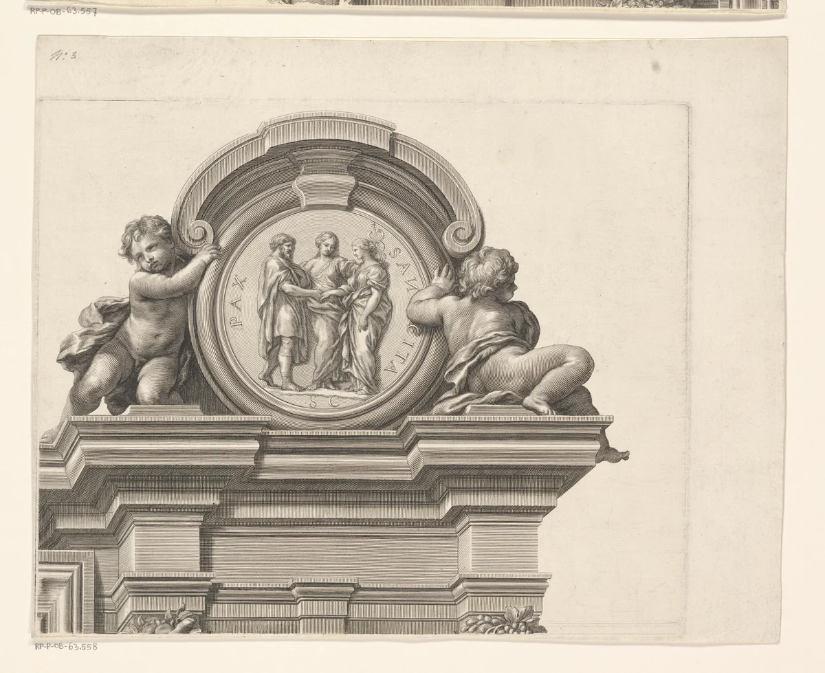 Offer op tempelplein in monumentale omlijsting (deel rechtsboven) by François Spierre, print, 1649-1681