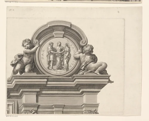Offer op tempelplein in monumentale omlijsting (deel rechtsboven) by François Spierre, print, 1649-1681