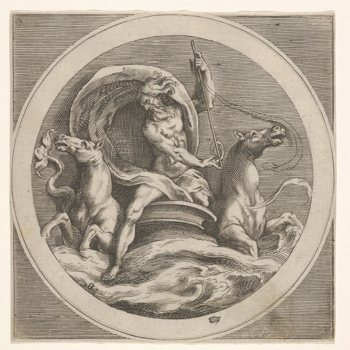 Neptune rising from the sea and bearing a staff, accompanied by two horse-headed sea creatures, reverse copy after a series of engravings by Cherubino Alberti of mythological scenes after Polidoro da Caravaggio by anonymous, print, 1550-1600