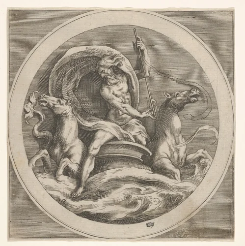 Neptune rising from the sea and bearing a staff, accompanied by two horse-headed sea creatures, reverse copy after a series of engravings by Cherubino Alberti of mythological scenes after Polidoro da Caravaggio by anonymous, print, 1550-1600