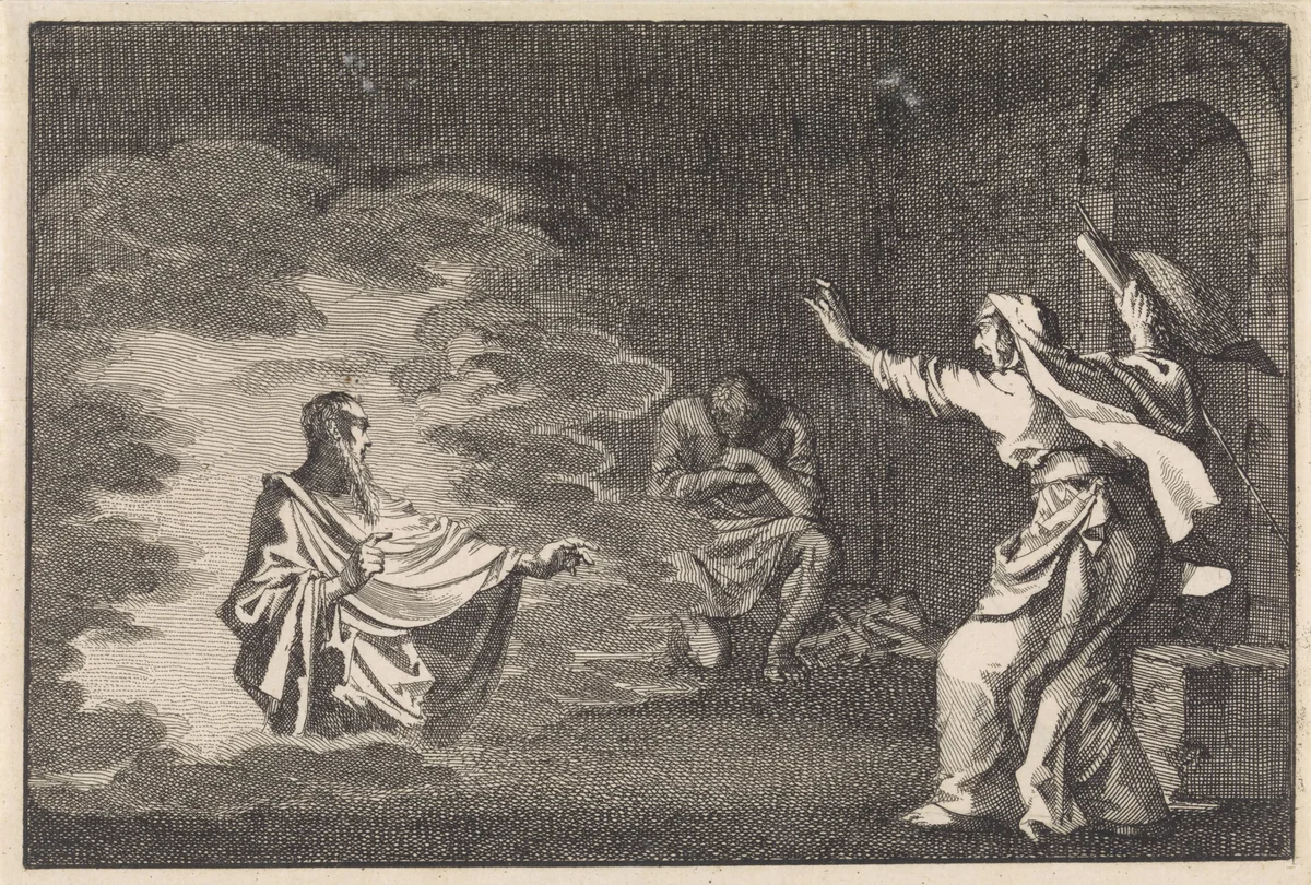 Saul bij de heks van Endor by Jan Luyken, print, 1704