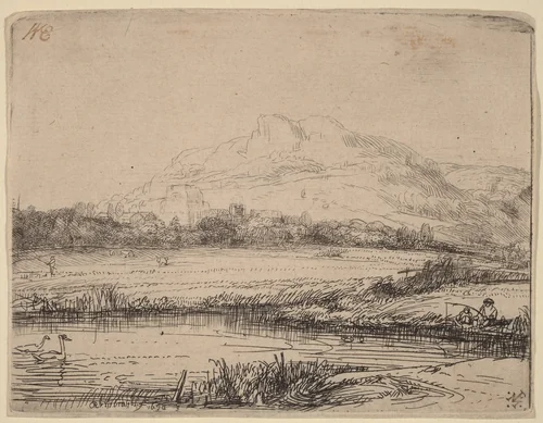 Canal with an Angler and Two Swans by Rembrandt van Rijn, print, 1650
