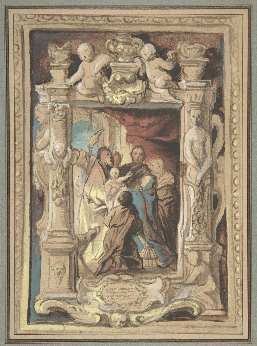 The Presentation in the Temple, with a Design for a Sculpted Frame by Jacob Jordaens, drawing, 1630-1635