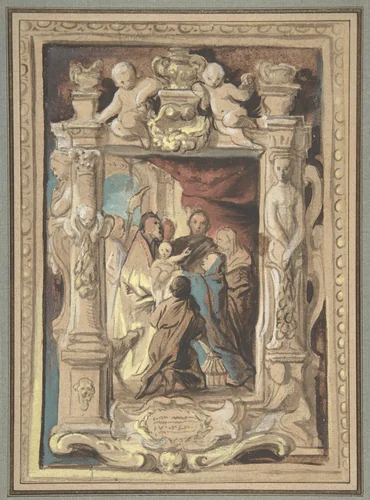 The Presentation in the Temple, with a Design for a Sculpted Frame by Jacob Jordaens, drawing, 1630-1635