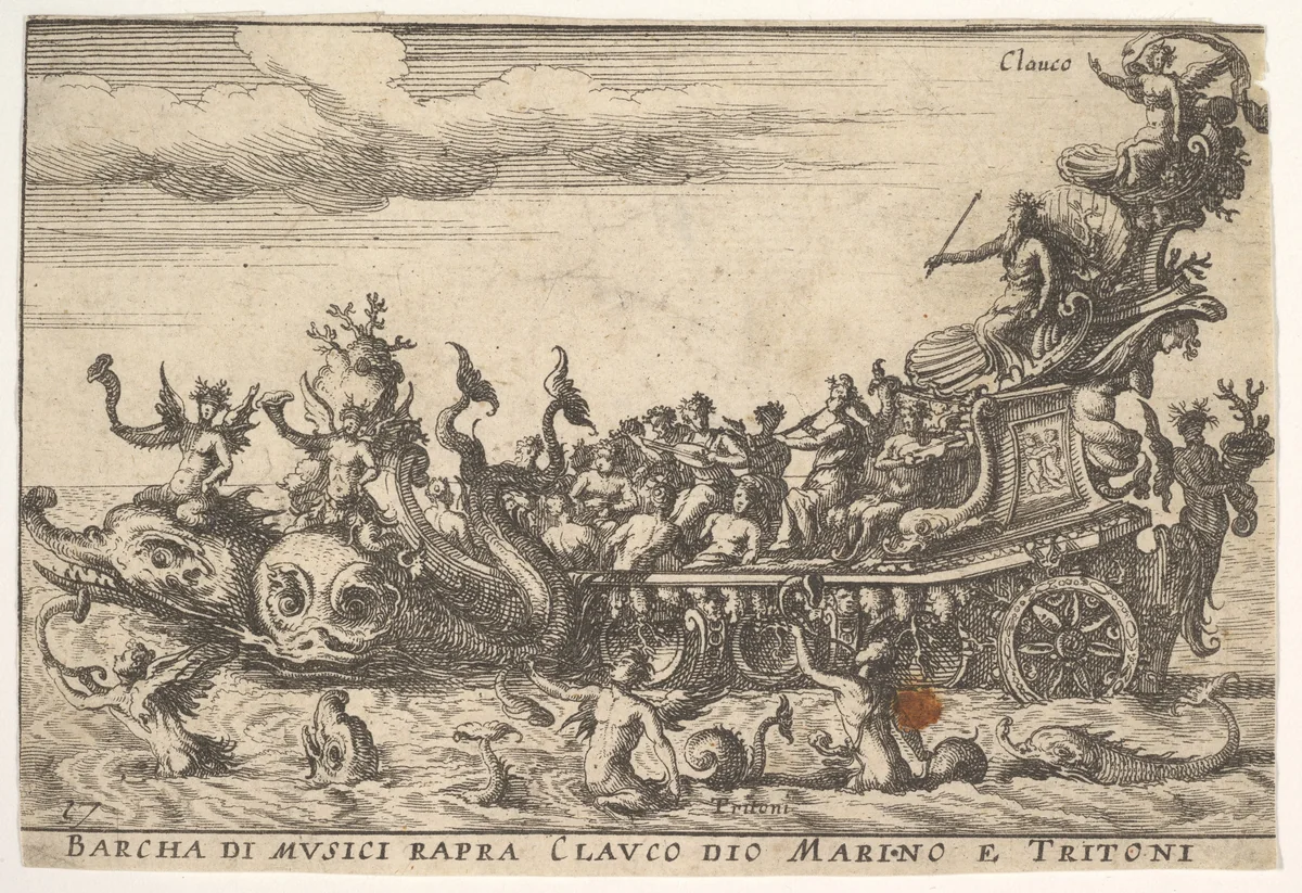 Plate 16: Ship of musicians with the sea god Claucus and tritons (Barcha di musici rapra Clauco dio marino e Tritoni), from "The magnificent pageant on the river Arno in Florence for the marriage of the Grand Duke" (Le Magnifique carousel fait sur le fleuve de l'Arne a Florence, pour le mariage du Grand Duc) by anonymous, print, 1664