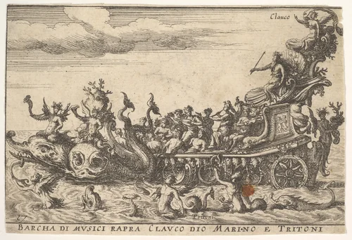 Plate 16: Ship of musicians with the sea god Claucus and tritons (Barcha di musici rapra Clauco dio marino e Tritoni), from "The magnificent pageant on the river Arno in Florence for the marriage of the Grand Duke" (Le Magnifique carousel fait sur le fleuve de l'Arne a Florence, pour le mariage du Grand Duc) by anonymous, print, 1664