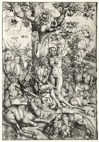 Adam and Eve in Paradise by Lucas Cranach, print, 1509