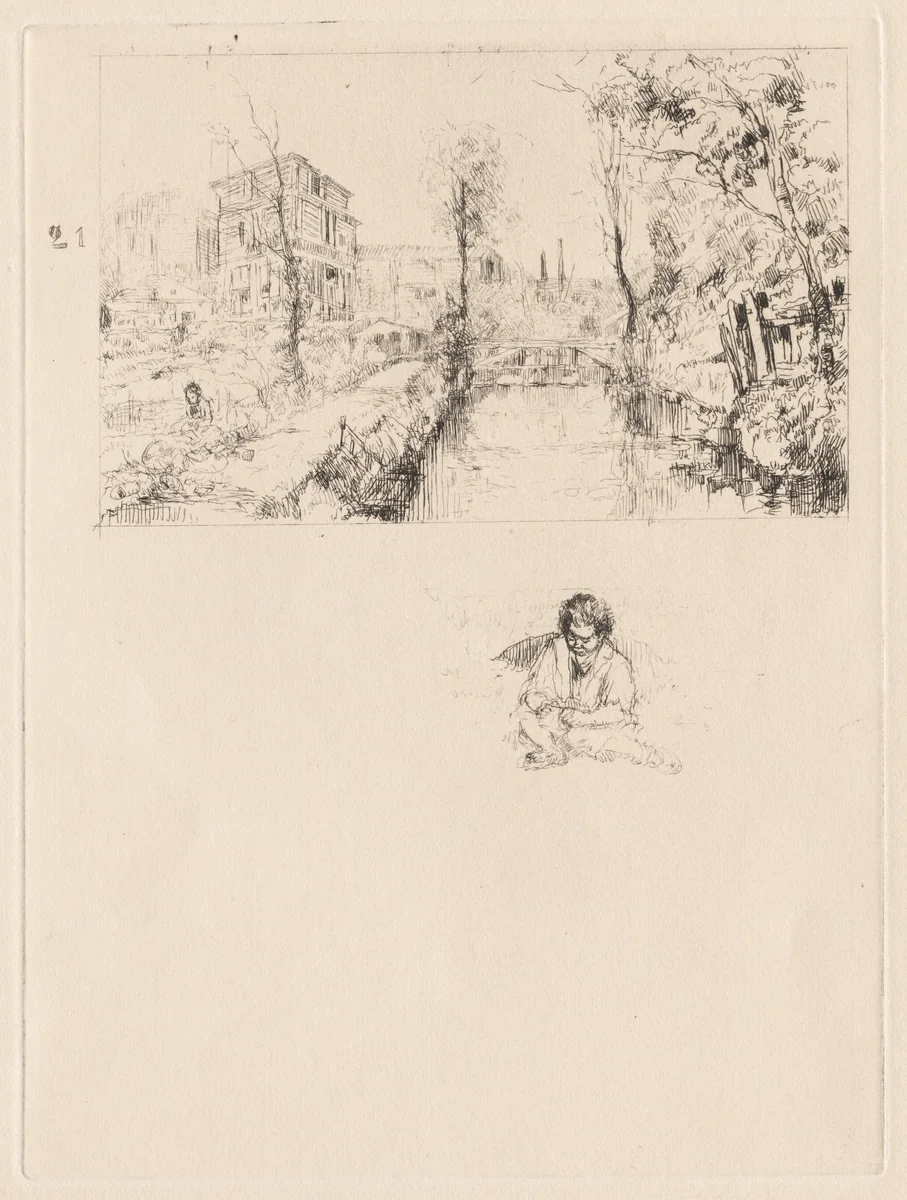 Landscape with Bridge and Child by Auguste Brouet, print, 1902-1941