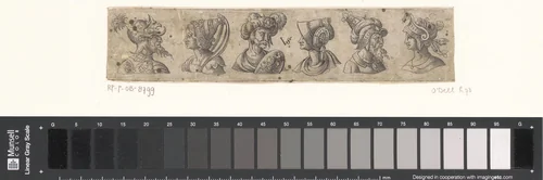 Fries met zes bustes met hoofddeksels by Unknown, print, 1538-1562