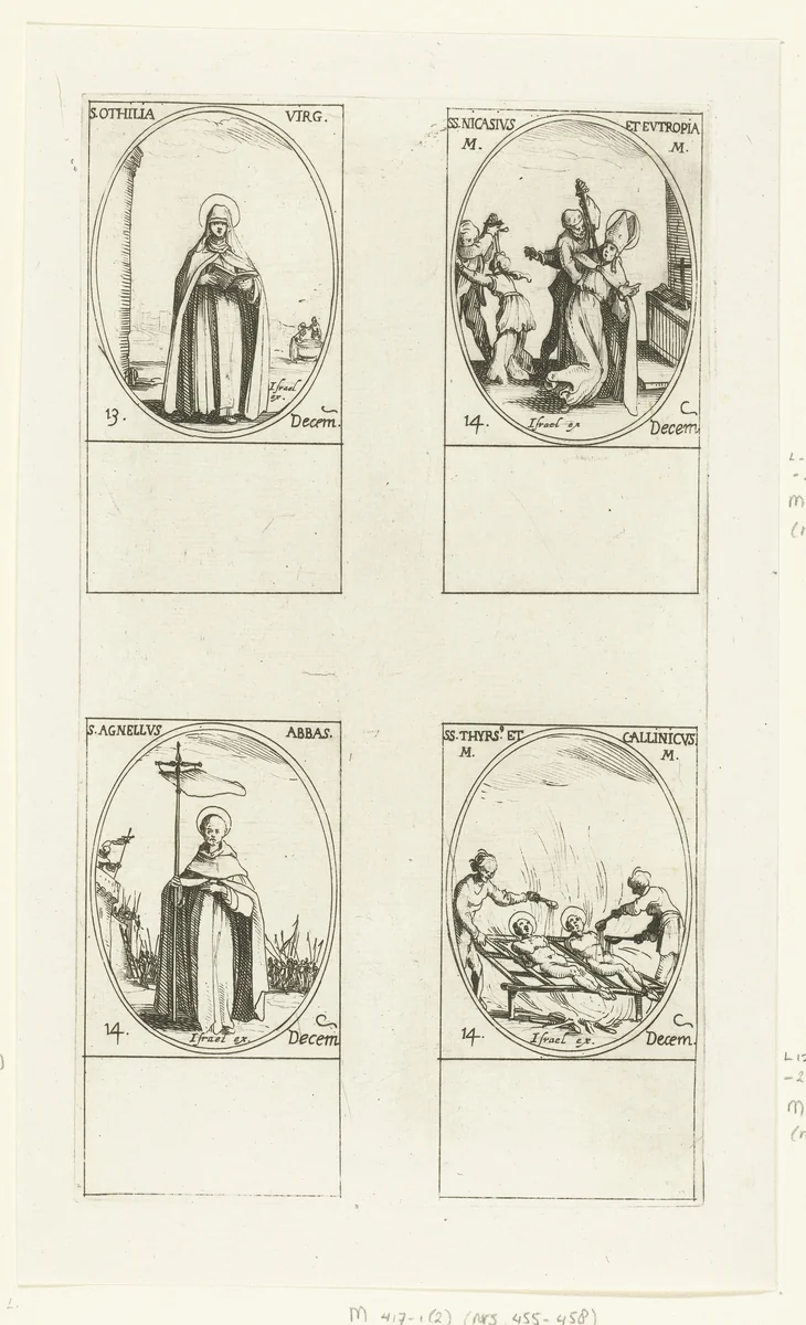Heilige Odilia van Odilienberg, Heilige Nicasius en Heilige Eutropia van Reims, Heilige Agnellus van Napels, Heilige Thyrsus en Heilige Callinicus van Apollonia (13-14 december) by Jacques Callot, print, 1632-1636